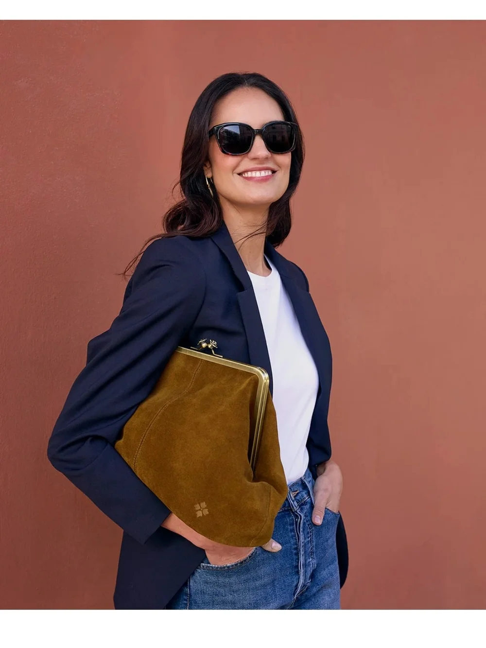 Cognac Suede Frame-Top Shoulder Bag in Cognac With Detachable Crossbody Strap
